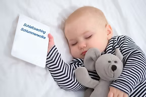 Alt-Text: Schlafendendes Baby mit Kuscheltier und Schlafprotokoll der Schlummerwolke als Vorbereitung für das Schlafcoaching.